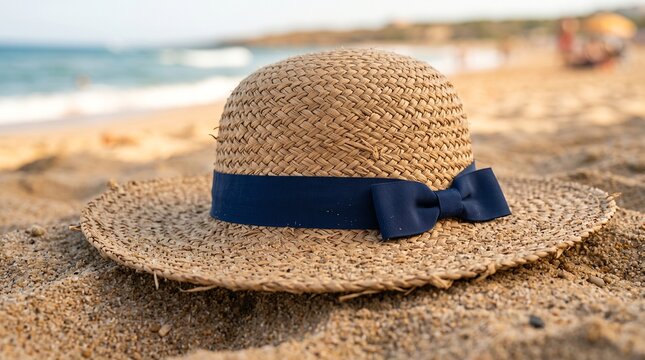Woven straw sun hat with navy ribbon resting on sandy beach near the sea, summer vacation accessory, coastal travel and seaside leisure concept