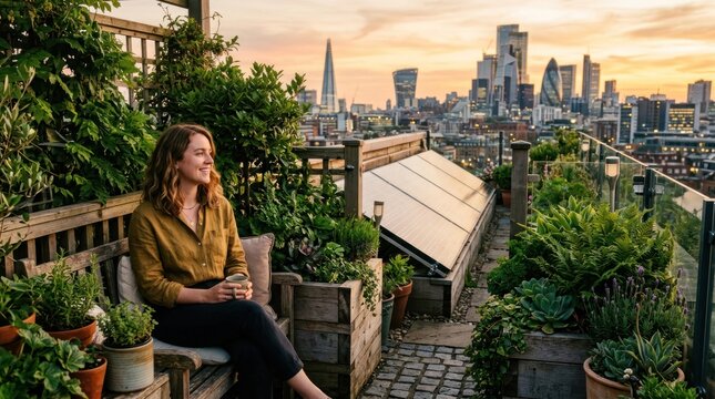Woman enjoys serene rooftop garden oasis with London skyline at sunset.