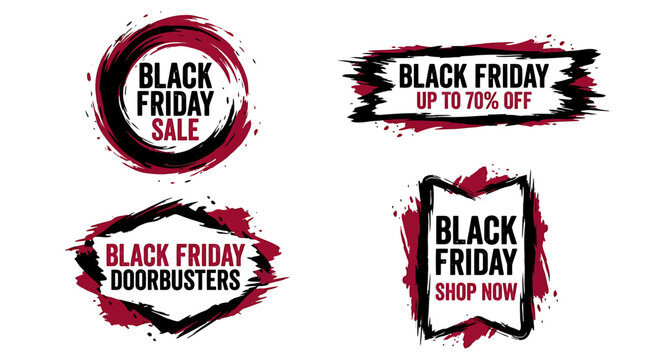 Black Friday Sale and Doorbusters Promotional Banners with Grunge Brushstroke Design.