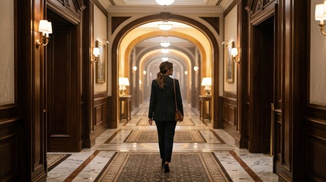 Woman Walking Down Opulent Hotel Corridor with Arched Hallway.