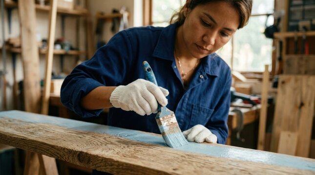 Woman Wearing Gloves Applies Blue Paint to Wooden Plank in Workshop.
