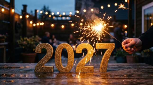 Wooden 2027 Numbers Sparkler Celebration Outdoor Evening.