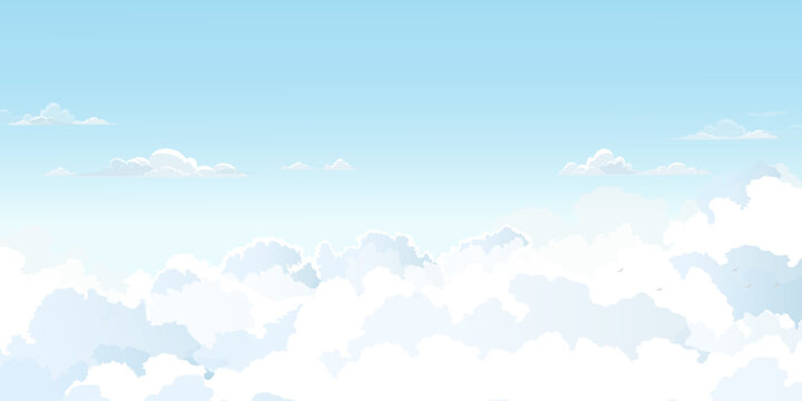 Blue Sky Cloud Background With Soft White Clouds, Clear Summer Weather And Bright Daylight, Vector Illustration For Nature, Spring Season, Cartoon Cloudscape,Outdoor Scenery Winter Sunlight Atmosphere
