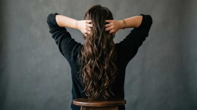 Woman with Long Wavy Brown Hair Sitting Backwards on Chair.
