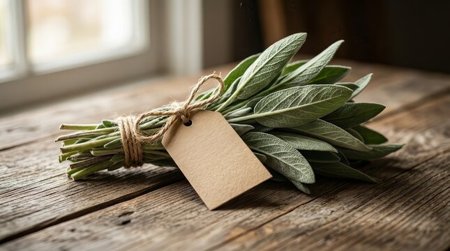 Sage bundle tied with natural twine and a kraft tag on a weathered wooden tabletop by a window.