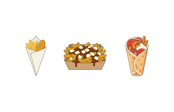 Set of delicious fast food icons including french fries, poutine, and a wrap sandwich