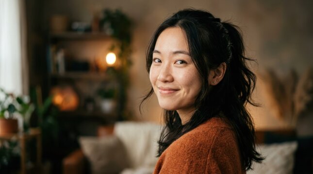 Young Asian Woman Smiling Warmly in Cozy Home Interior.