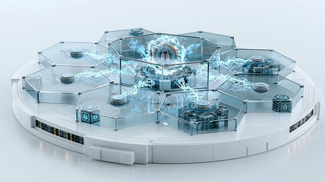 Futuristic technology concept with hexagonal glass modules and glowing electrical energy pulses connecting central core on white circular platform