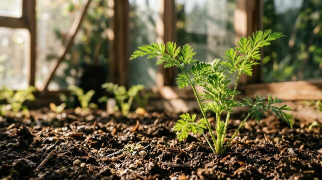 Young Carrot Plant Growing in Greenhouse Soil.