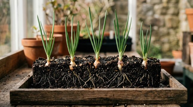 Young Onion Seedlings Growing with Visible Roots in a Wooden Tray.