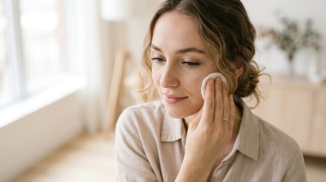 Young Woman Applying Skincare Product with Cotton Pad.