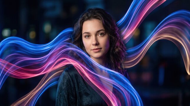 Young Woman Illuminated by Swirling Neon Light Trails.