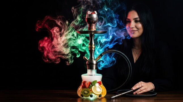 Young Woman Enjoying Colorful Smoke from a Fruit-Infused Hookah Pipe.
