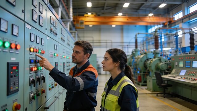 Engineers collaborating in modern power station control room, pointing at digital control panels and displays.