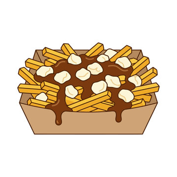 Traditional Canadian poutine with French fries, cheese curds, and rich brown gravy in a box