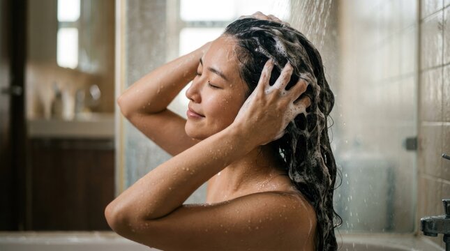 Young Woman Washing Her Hair with Shampoo in a Bright Bathroom.