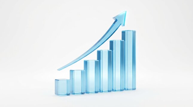 3D Bar Chart with Upward Arrow Illustrating Growth and Success.