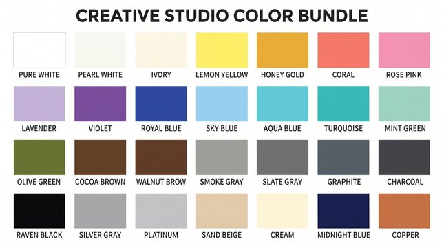 Creative studio color palette swatch collection with descriptive names, creative