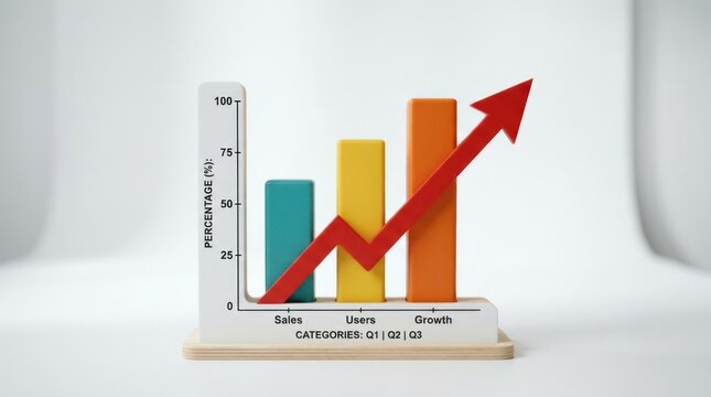 3D Bar Chart with Upward Trending Arrow Illustrating Growth.