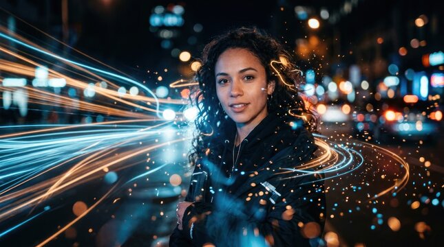 Young Woman Surrounded by Streaks of Light in a City at Night.