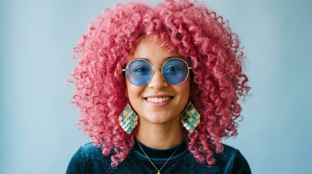 Young Woman with Vibrant Pink Curly Hair and Blue Sunglasses Smiling.