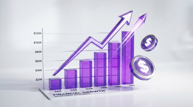 3D Bar Chart with Upward Trend Arrow and Coins Illustrating Financial Growth.