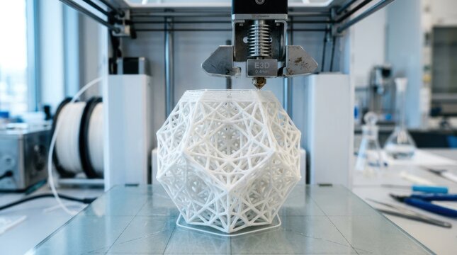 3D Printer Creating Intricate Geometric Object in Laboratory Setting.
