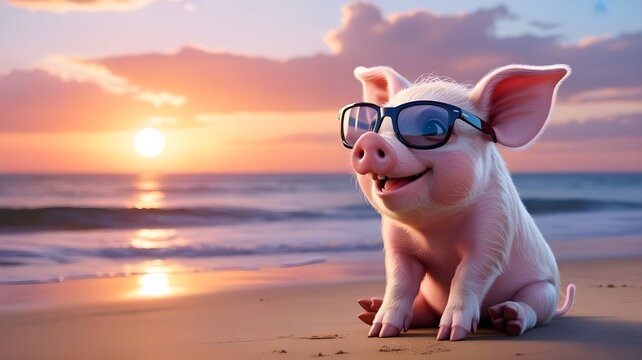 A cute piglet wearing sunglasses relaxing on the beach during a beautiful summer bank holiday sunset
