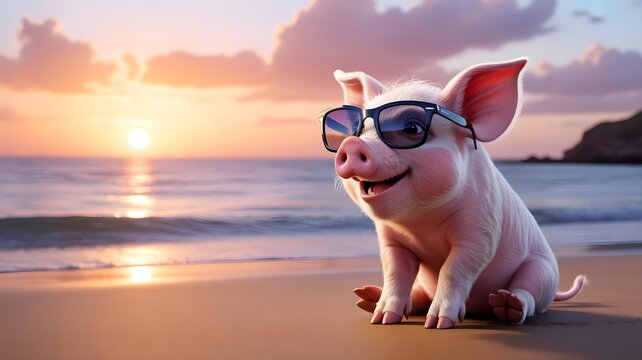 A cute piglet wearing sunglasses enjoying a relaxing sunset on the beach during a summer bank holiday