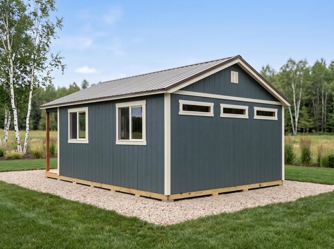 Dark Green Modern Shed with Cream Trim Clerestory Windows and Side Door in Mountain Landscape