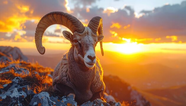 A majestic bighorn sheep surveys its mountainous domain at sunset.