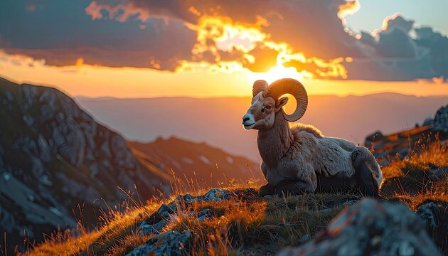 A majestic bighorn sheep rests on a rocky outcrop at sunset, with golden light illuminating the mountainous landscape.