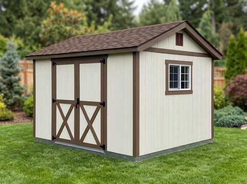 Cream White Barn Style Shed with Brown Crossbuck Double Doors Side Window in Green Lawn Setting