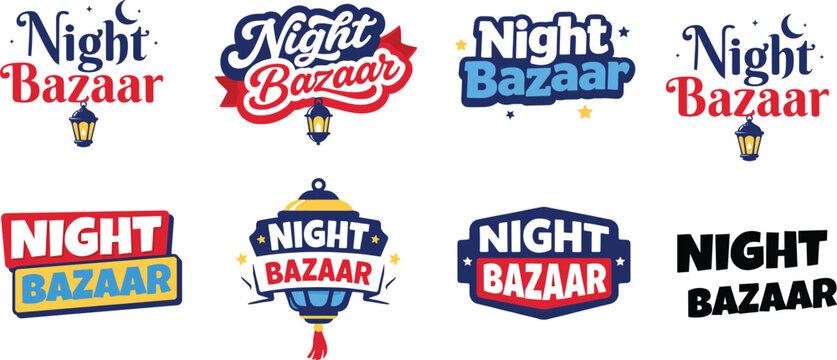 Night bazaar logo design collection with typography, lanterns, stars, crescent moons, colorful highlights, creative branding, stylish text graphics, flat vector illustration