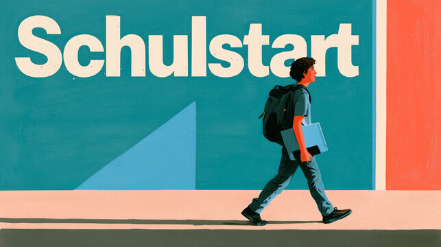 Illustrierter Sch&uuml;ler L&auml;uft Neben Schulstart-Schriftzug.