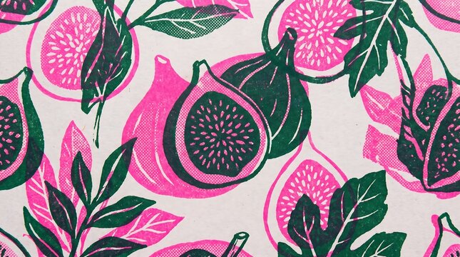 Abstract Botanical Seamless Pattern Featuring Stylized Fig Fruits and Lush Foliage Elements
