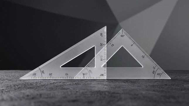 Clear acrylic set squares, including 30-60-90 and 45-degree triangles, standing on a dark textured surface against a gray geometric background with precise degree and scale markings.