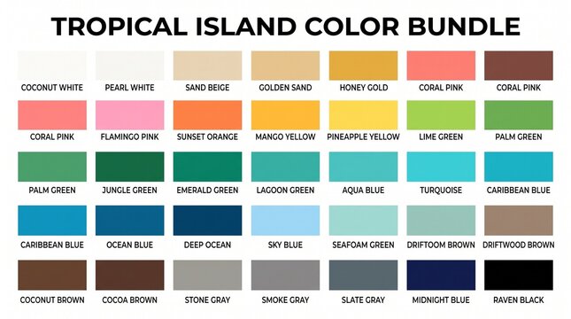 Tropical island color palette chart with bright summer swatches, tropical