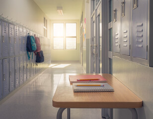 Obraz premium Empty school hallway with metal lockers and desk in the foreground at sunset corridor education classroom learning backlight interior academic institution backpacks forgotten afternoon