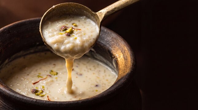 Creamy rice kheer scooped from dark clay matka with brass ladle dripping macro shot