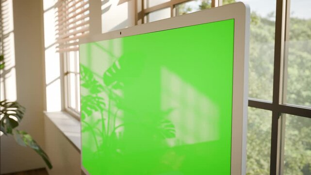 All in One Computer Monitor Green Screen Mockup &ndash; Static Seamless Loop with Moving Trees in Bright Sunlit Office - Perspective Shoot