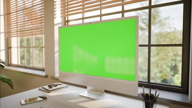 All in One Computer Monitor Green Screen Mockup &ndash; Static Seamless Loop with Moving Trees in Bright Sunlit Office - Perspective Shoot