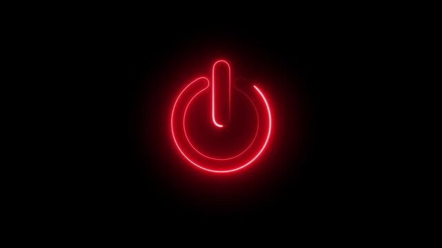 neon power button turning on and off animation on black background.