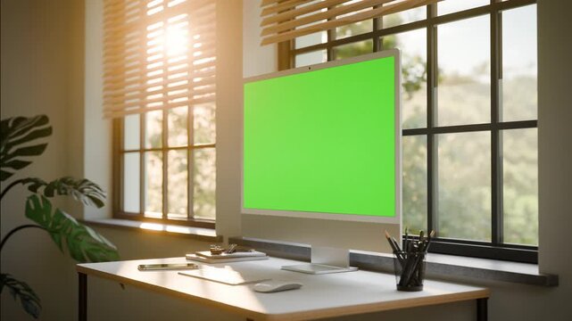 All in One Computer Monitor Green Screen Mockup &ndash; Static Seamless Loop with Moving Trees in Bright Sunlit Office - Perspective Shoot