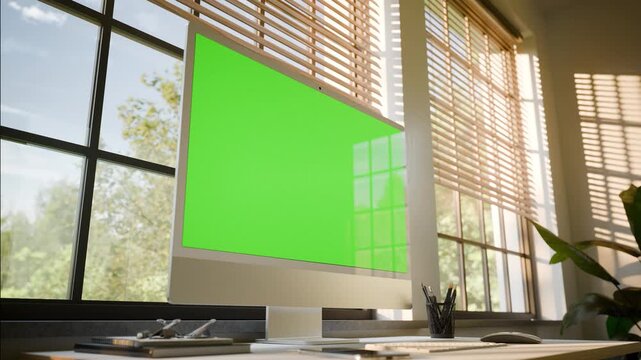 All in One Computer Monitor Green Screen Mockup &ndash; Static Seamless Loop with Moving Trees in Bright Sunlit Office - Perspective Shoot