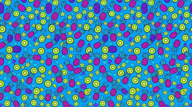 Vibrant Seamless Surface Pattern Featuring Stylized Pineapples and Tropical Fruit Slices