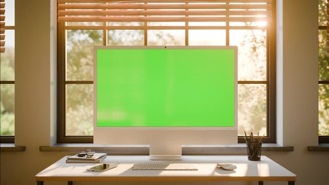 All in One Computer Monitor Green Screen Mockup &ndash; Static Seamless Loop with Moving Trees in Bright Sunlit Office - Front View