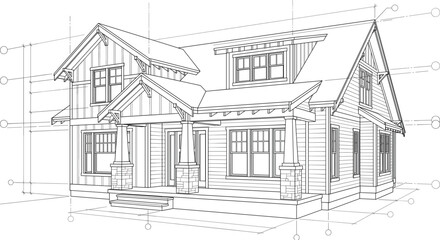 Fototapeta premium Modern Residential House CAD Drawing with Isometric Architectural Blueprint and Exterior Design