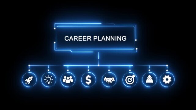 Career Planning Business Concept Flowchart with Icons and Neon Blue Glow Keywords: career planning, business, concept, flowchart, icons, neon, blue, glow, job, employment, profession, development