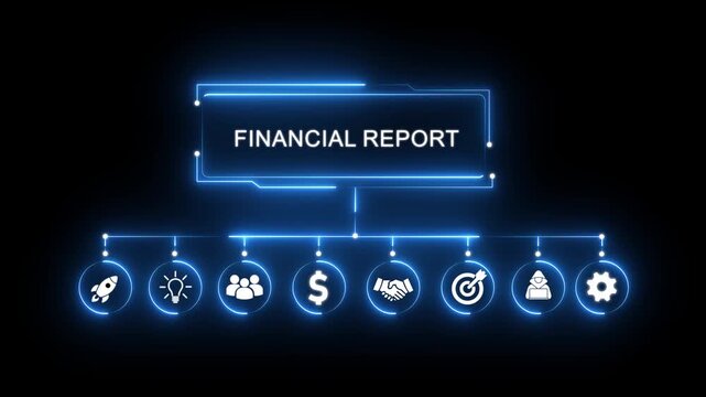 Financial Report Business Concept Flowchart with Icons and Neon Blue Glow Keywords: financial report, business, concept, flowchart, icons, neon, blue